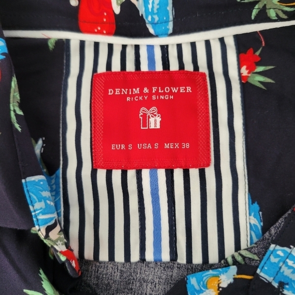 DENIM & FLOWER BUTTON UP MEN'S HAWAIIAN SHIRT SURFING SANTA Navy Blue Size S - Picture 8 of 8